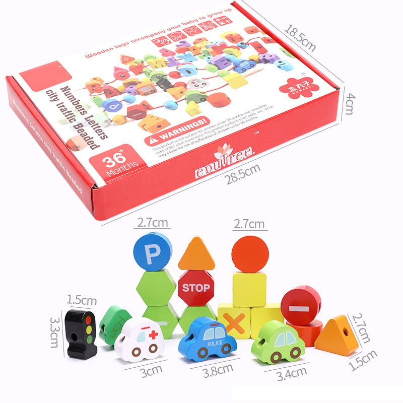 Deluxe Vehicle and Traffic Theme Wooden Beads Threading Toy