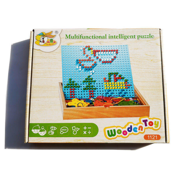 Wooden Mosaic Beads Pegs Board and Threading Activity Box
