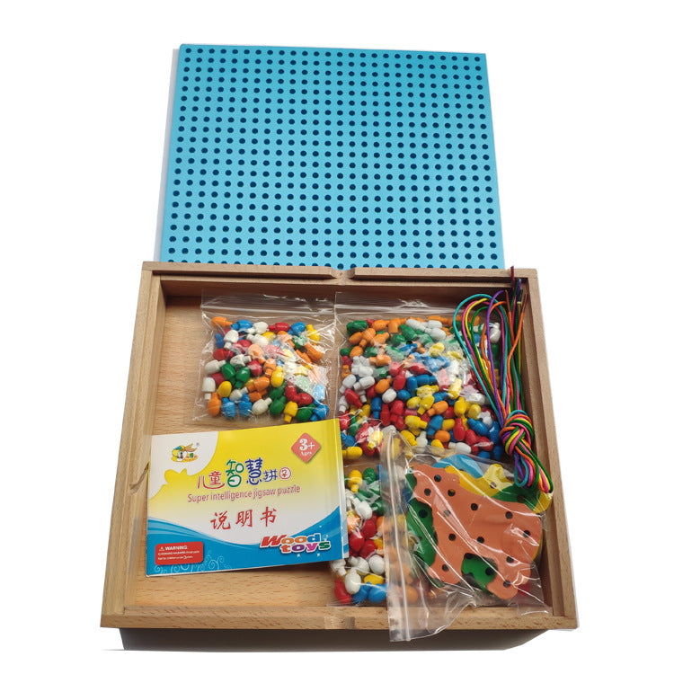 Wooden Mosaic Beads Pegs Board and Threading Activity Box