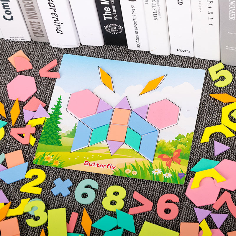 250+pc Wooden Pattern Blocks Geometric Shapes with Flash Cards Pastel Colour