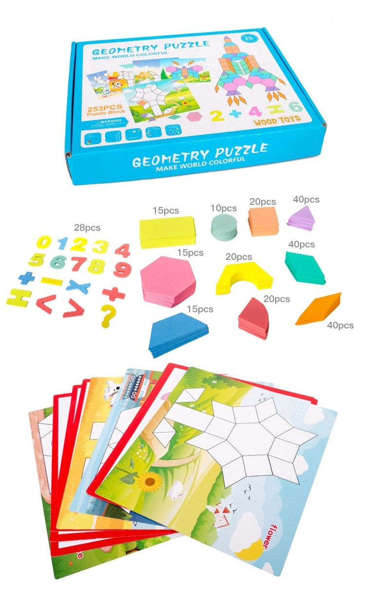 250+pc Wooden Pattern Blocks Geometric Shapes with Flash Cards Pastel Colour