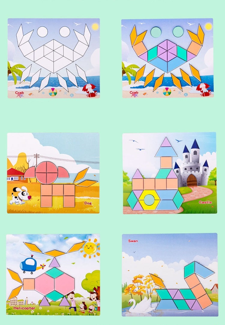 250+pc Wooden Pattern Blocks Geometric Shapes with Flash Cards Pastel Colour