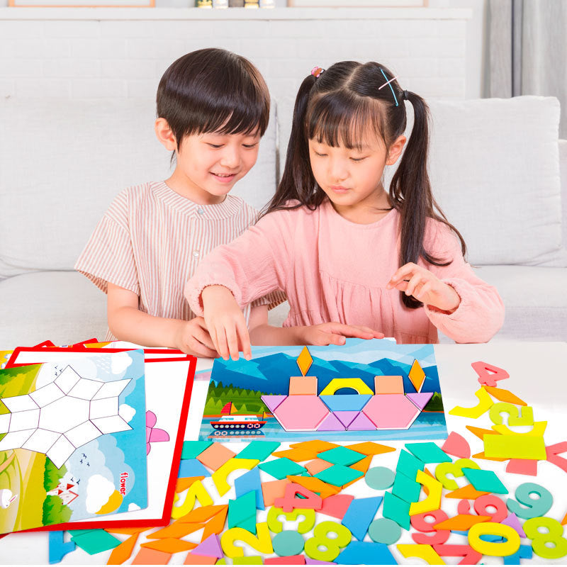 250+pc Wooden Pattern Blocks Geometric Shapes with Flash Cards Pastel Colour