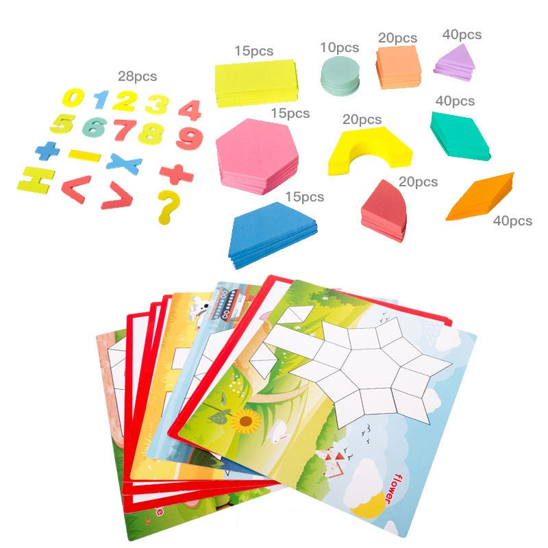 250+pc Wooden Pattern Blocks Geometric Shapes with Flash Cards Pastel Colour