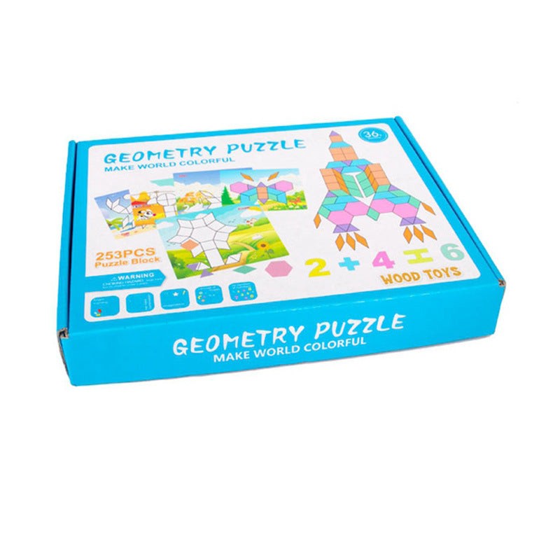 250+pc Wooden Pattern Blocks Geometric Shapes with Flash Cards Pastel Colour