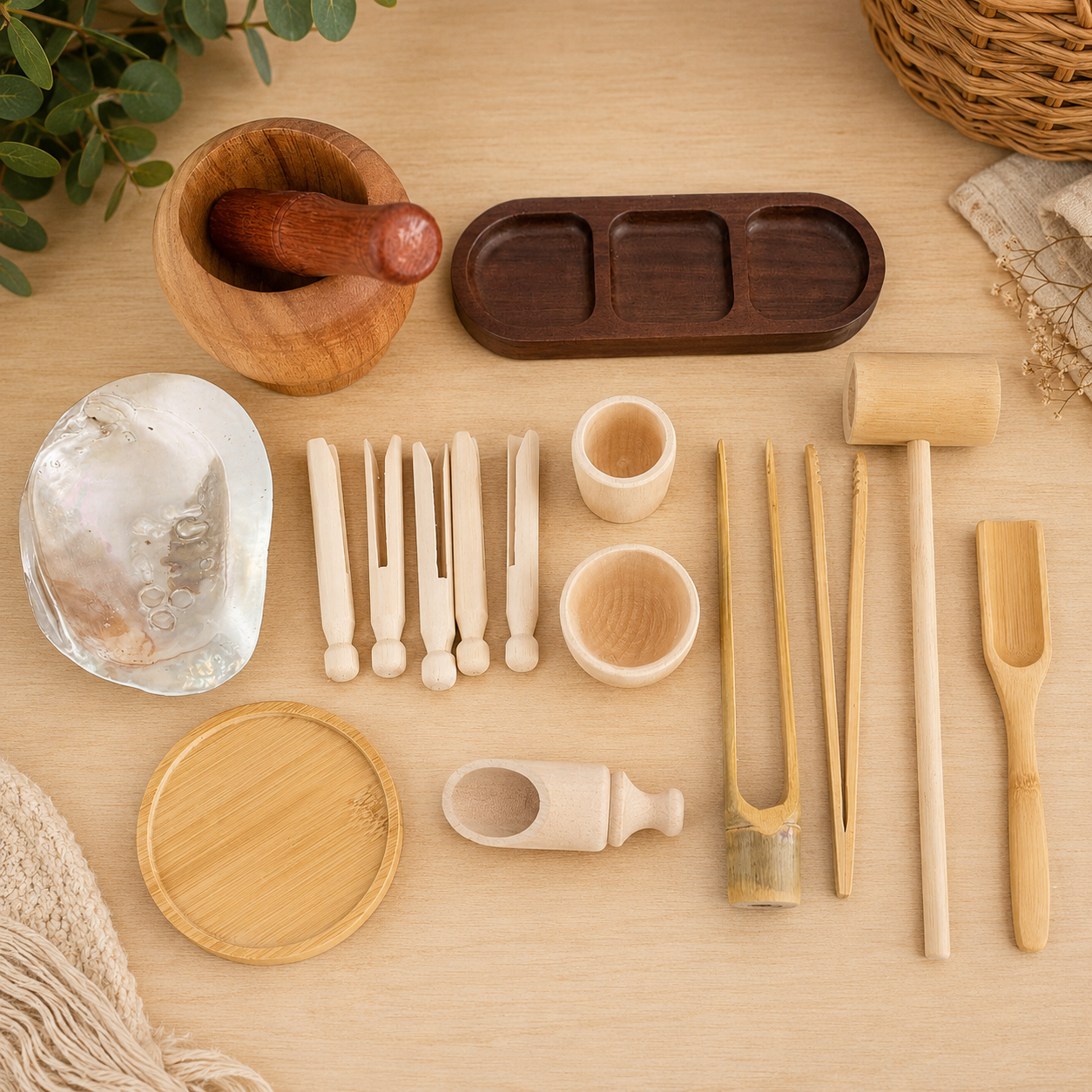 Montessori Wooden Sensory Play Utensil Kit – 17 Piece Set