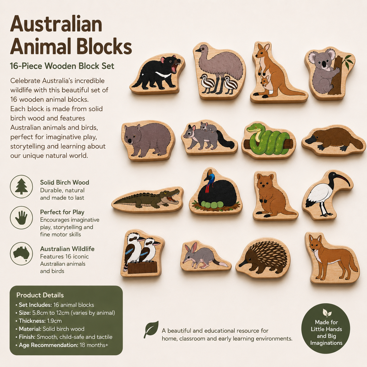 Australian Animal Wooden Blocks – Happy Gumnut Exclusive 16-Piece Set Kangaroo Koala platypus Emu Childcare classroom Materials