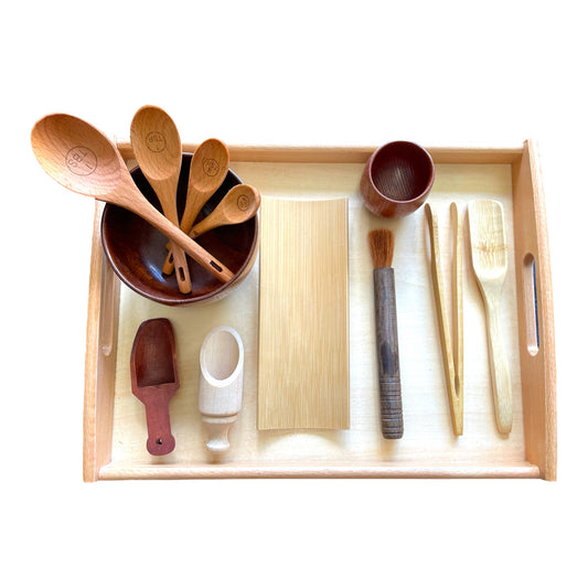 12 piece Montessori Wooden Sensory Play Bin Tools Bowl & Scoops Kit