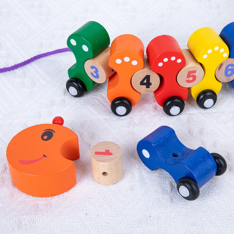Wooden Push Pull Along Caterpillar Train Set with Numbers bead threading Lacing Game