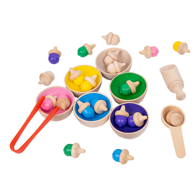Wooden Acorn Colouring Sorting Set with Bowl and Utensils Sensory Bin Kit - HAPPY GUMNUT