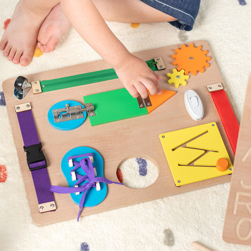Kids Wooden Double Sided Busy Board Zipping, shoeslace, doors with ABC Tracing Board - HAPPY GUMNUT