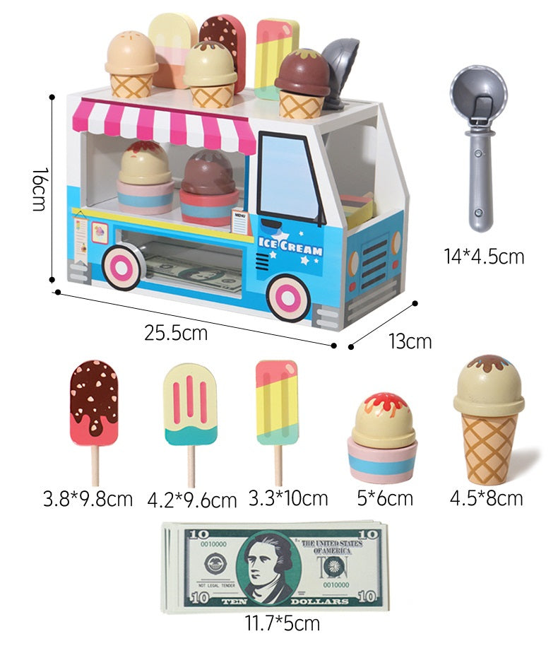 Wooden Ice Cream Pull Alone ice cream truck Toy Pretend play