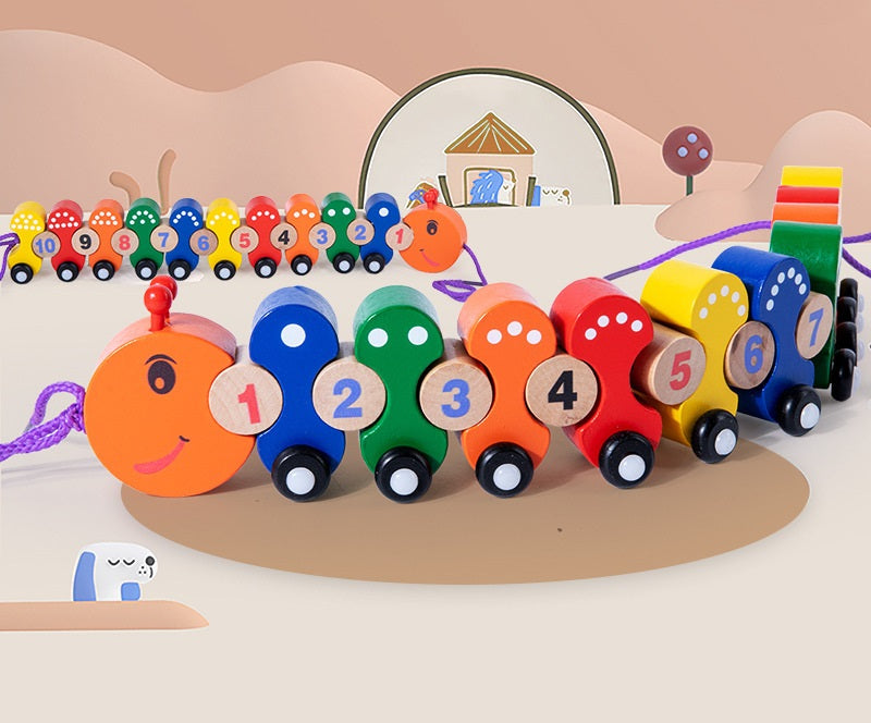 Wooden Push Pull Along Caterpillar Train Set with Numbers bead threading Lacing Game