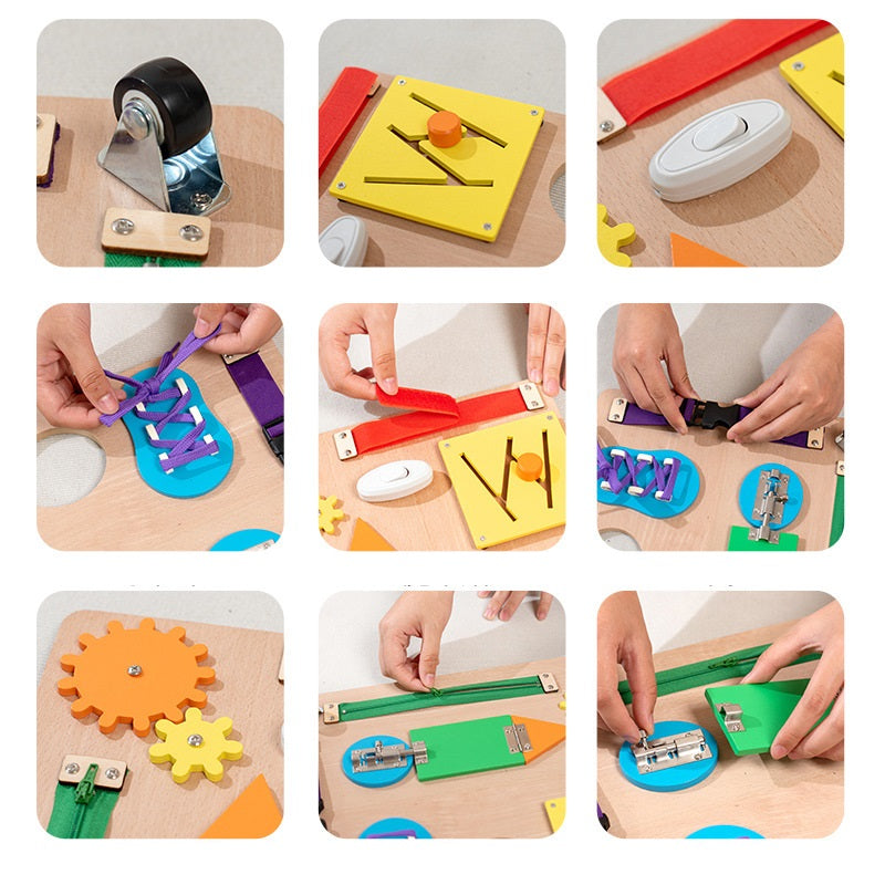 Kids Wooden Double Sided Busy Board Zipping, shoeslace, doors with ABC Tracing Board - HAPPY GUMNUT
