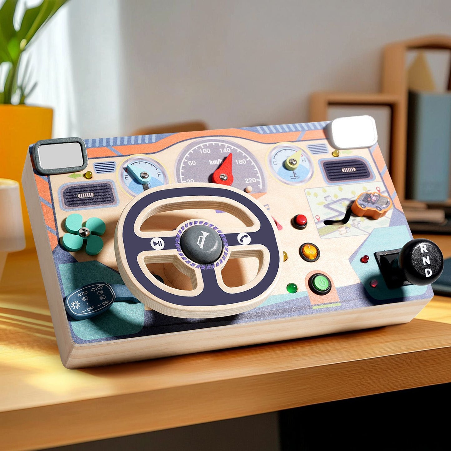 Childrens Busy Board LED driving theme light buttons and dials B - HAPPY GUMNUT