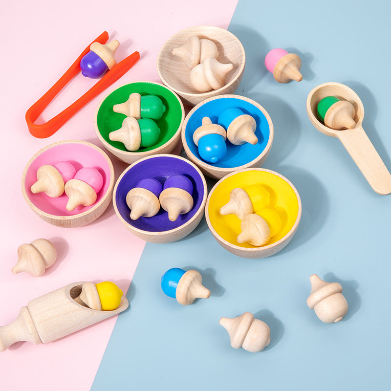 Wooden Acorn Colouring Sorting Set with Bowl and Utensils Sensory Bin Kit - HAPPY GUMNUT