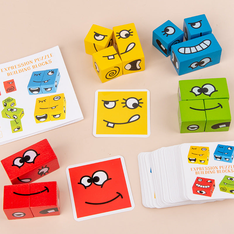 Simple Co-operative Wooden Board Kids Facial Emotion Emoji Style Expression Learning Puzzle