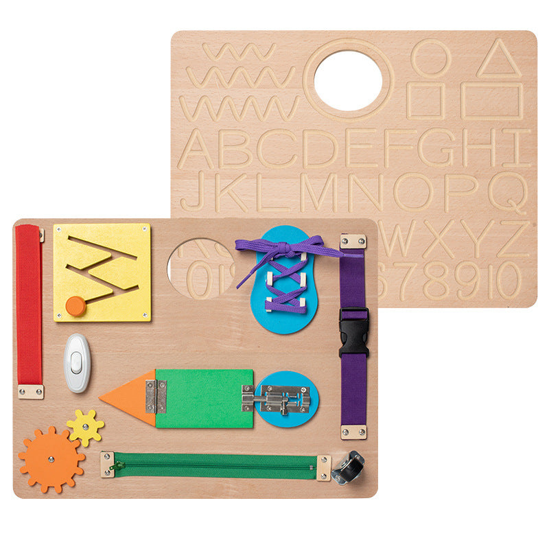Kids Wooden Double Sided Busy Board Zipping, shoeslace, doors with ABC Tracing Board - HAPPY GUMNUT