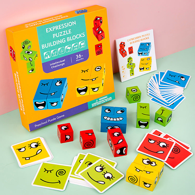 Simple Co-operative Wooden Board Kids Facial Emotion Emoji Style Expression Learning Puzzle