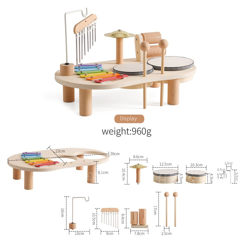 Wooden Kids Deluxe Percussion Music Table with Bell Musical Chime Drum and Xylophone