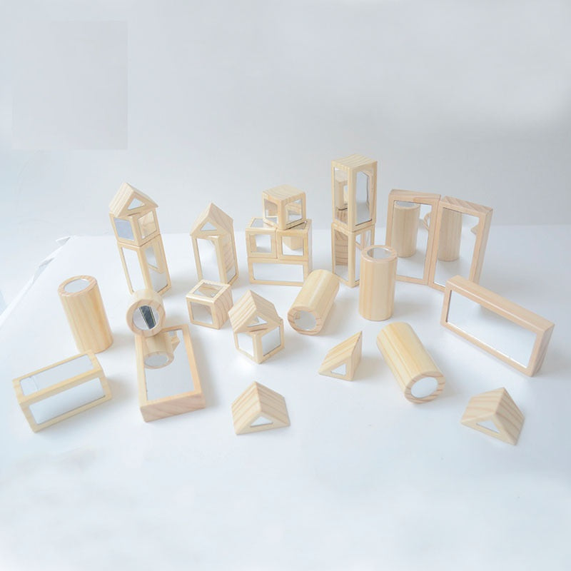 26pc Premium Wooden Blocks Building Mirror Blocks With Tray