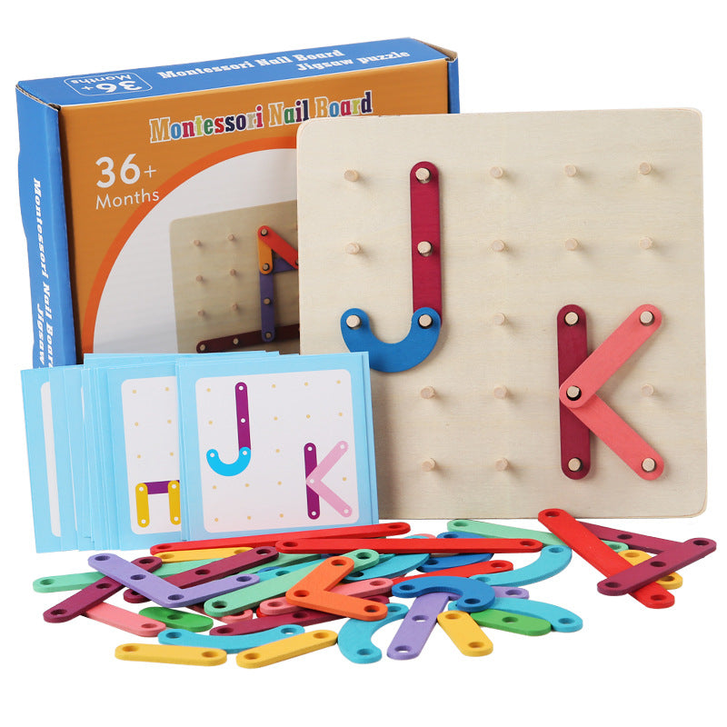 Advanced Deluxe Wooden Montessori Nail Board Geometric board With Building Flash Cards