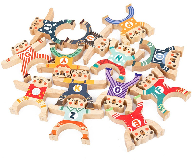 Wooden Set of 13 Alphabet Balancing Stacking Bear Blocks - HAPPY GUMNUT