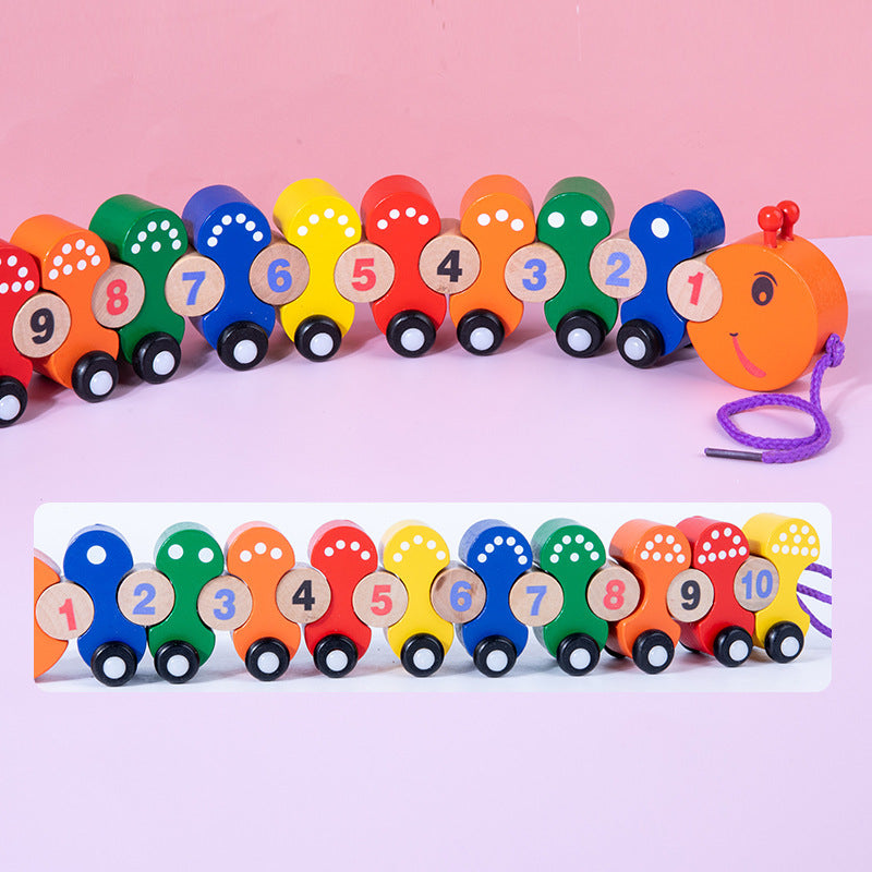 Wooden Push Pull Along Caterpillar Train Set with Numbers bead threading Lacing Game
