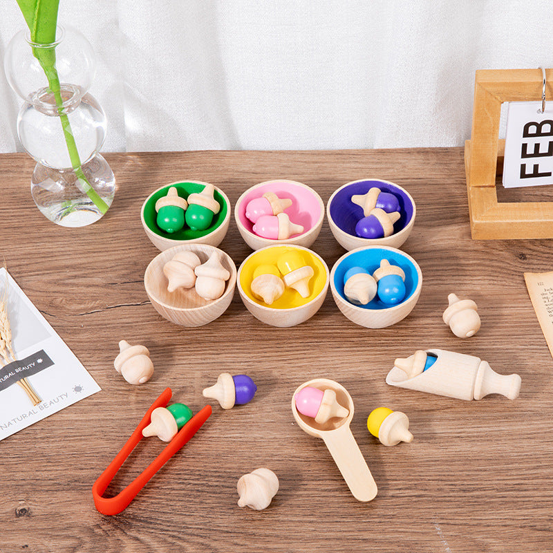 Wooden Acorn Colouring Sorting Set with Bowl and Utensils Sensory Bin Kit - HAPPY GUMNUT