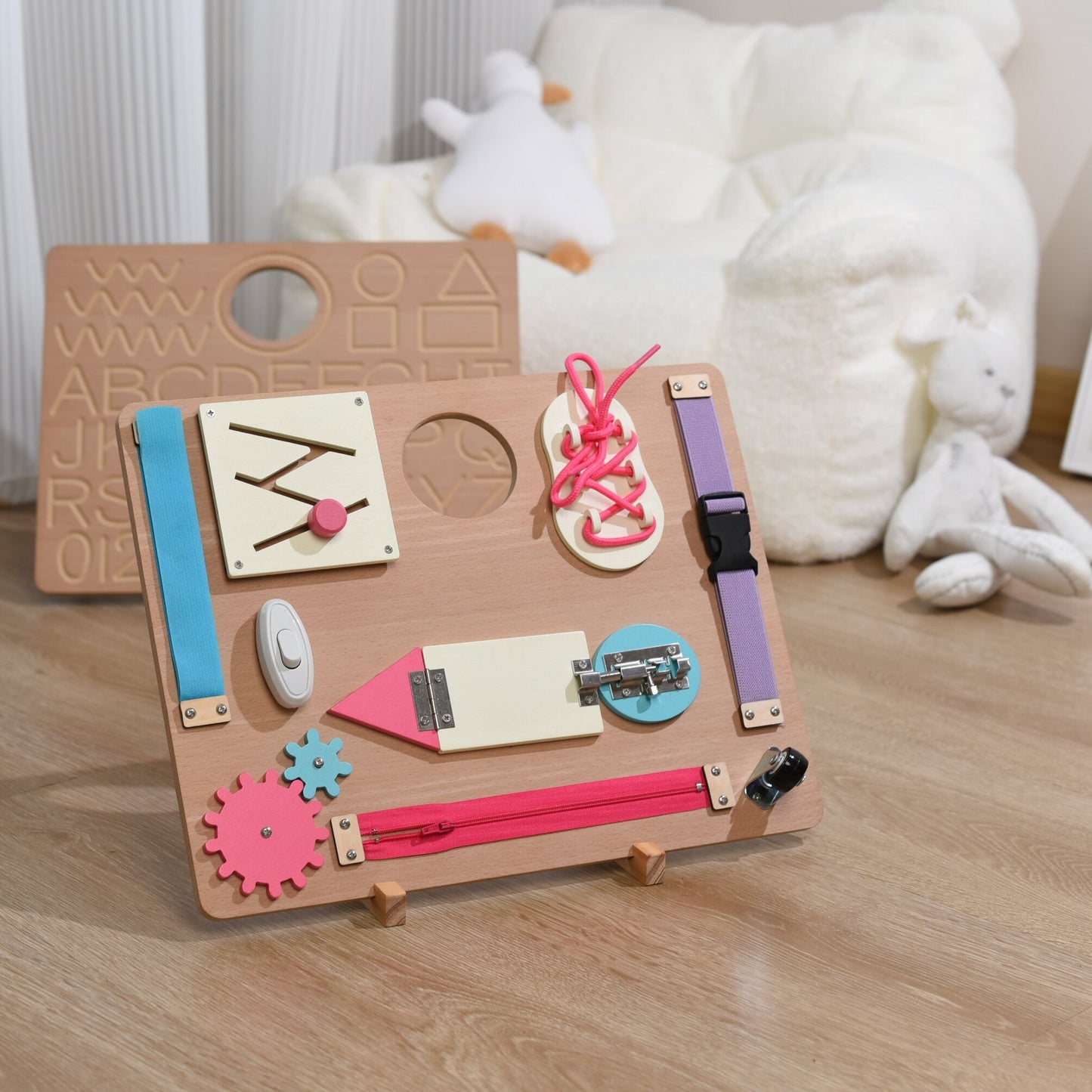 Kids Wooden Double Sided Busy Board Zipping, shoeslace, doors with ABC Tracing Board - HAPPY GUMNUT