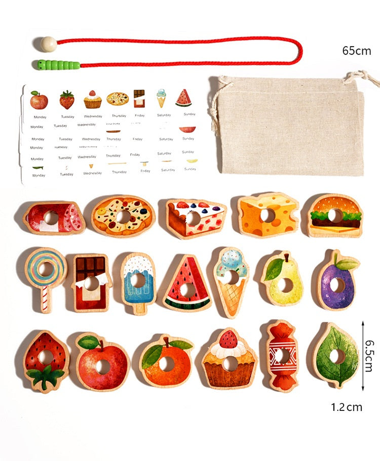 Wooden Caterpillar Eating Food Thread Beads Kids Activity