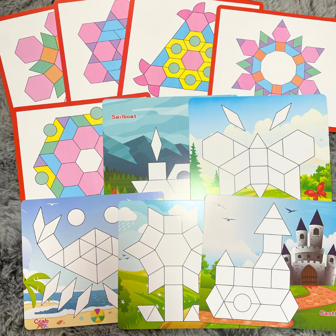 250+pc Wooden Pattern Blocks Geometric Shapes with Flash Cards Pastel Colour