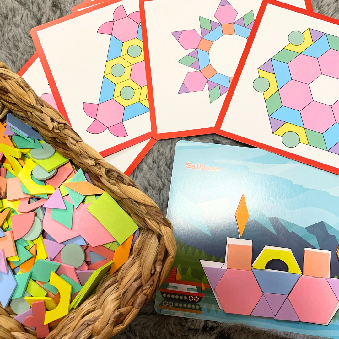 250+pc Wooden Pattern Blocks Geometric Shapes with Flash Cards Pastel Colour