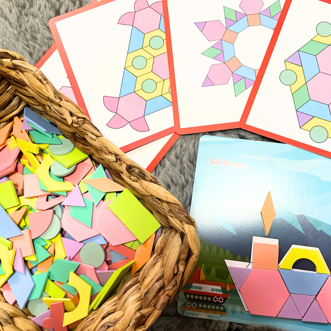 250+pc Wooden Pattern Blocks Geometric Shapes with Flash Cards Pastel Colour