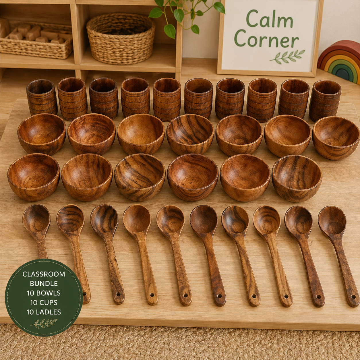 30 Pieces Wooden Bowls Cups and Ladles Kitchen Playset Classroom Bundle