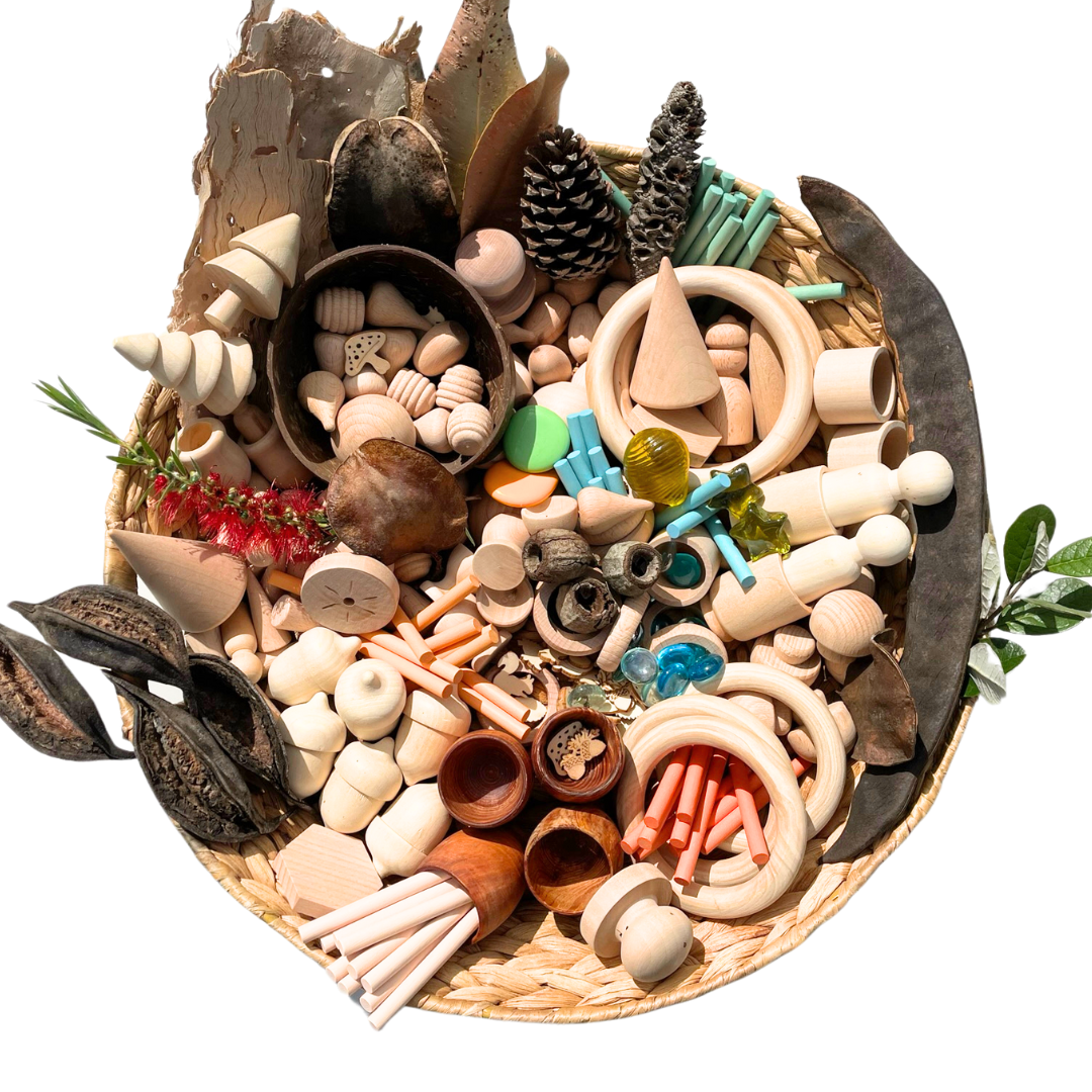 DIY Loose Parts Play Material, Egg, Tree, Rings, Bobbins, Peg Chips Coins, Peg Doll, Acorn, Ball, Egg, banksia, gumnut, seeds