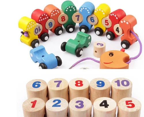 Wooden Push Pull Along Caterpillar Train Set with Numbers bead threading Lacing Game