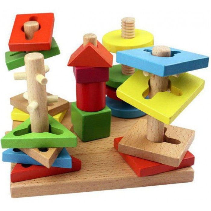 Wooden Educational Five Column Shape Motor Skills Coordination Stacker - HAPPY GUMNUT