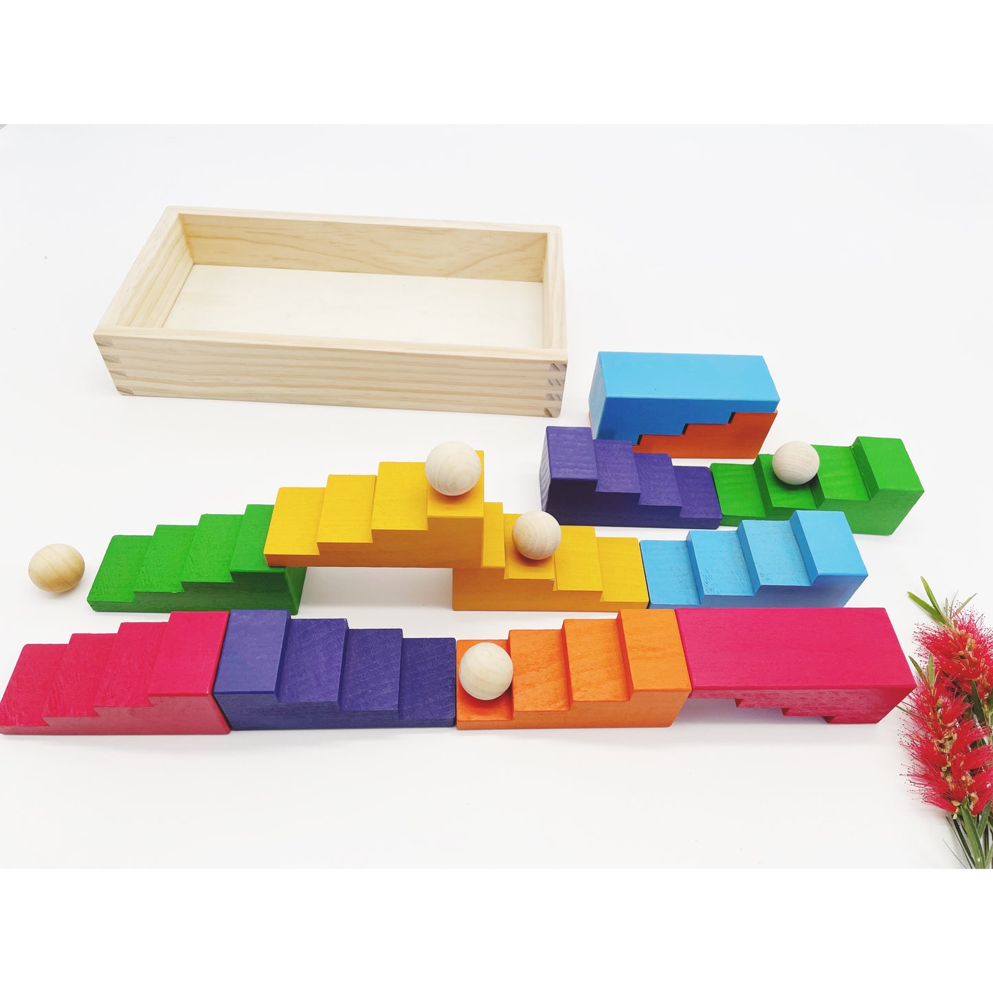 EOFY Stepped Roofs Rainbow ZigZag Stairs Building Blocks with Tray - HAPPY GUMNUT