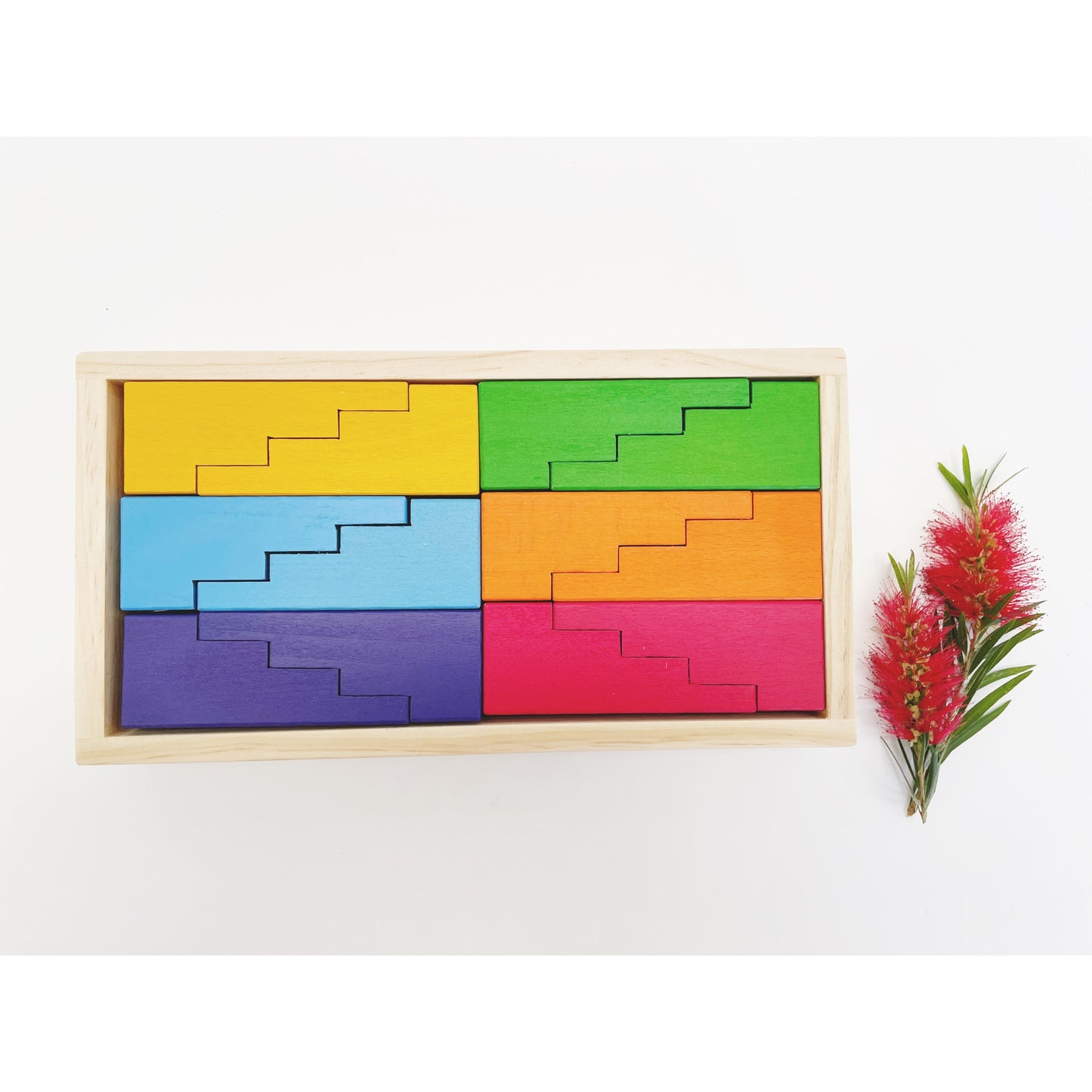 EOFY Stepped Roofs Rainbow ZigZag Stairs Building Blocks with Tray - HAPPY GUMNUT