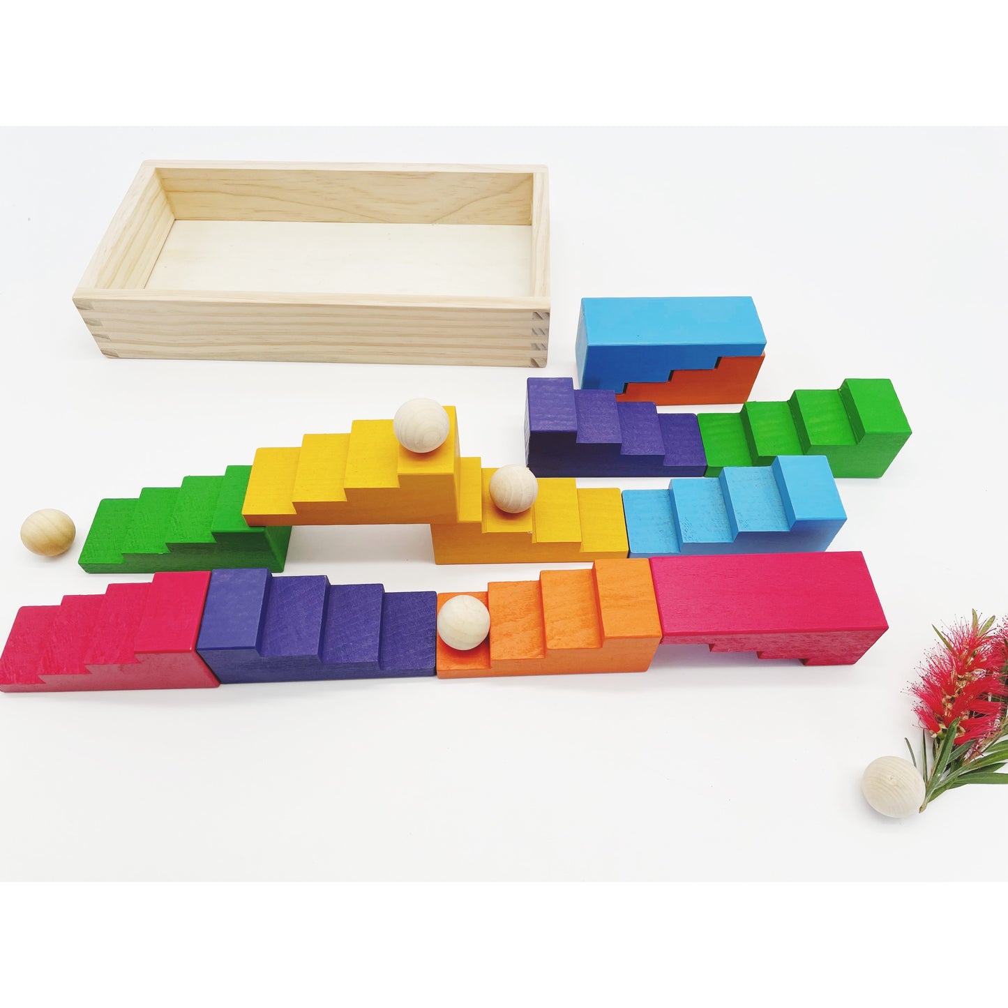 EOFY Stepped Roofs Rainbow ZigZag Stairs Building Blocks with Tray - HAPPY GUMNUT