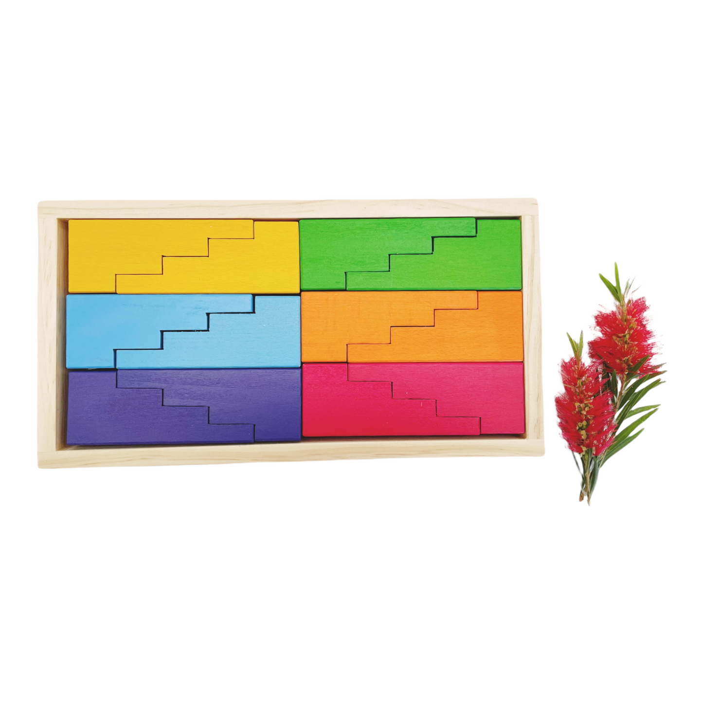 EOFY Stepped Roofs Rainbow ZigZag Stairs Building Blocks with Tray - HAPPY GUMNUT