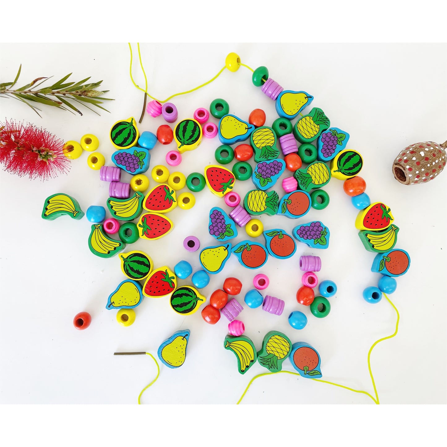 Threading Numbers and Fruits Beads - HAPPY GUMNUT