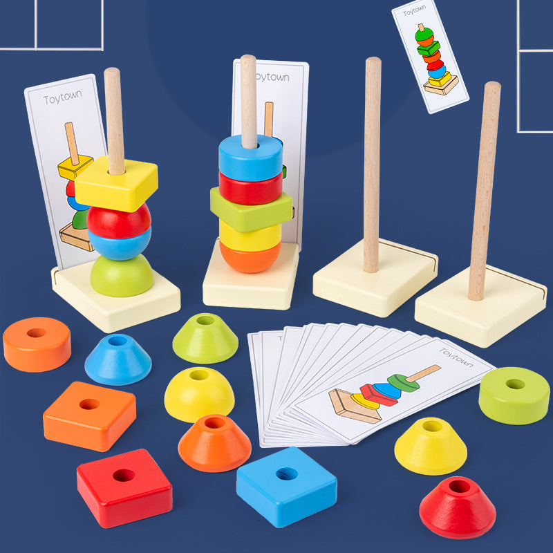 Jumbo Beads Sequencing Four Pillar Shape Stacker With Flash Cards - HAPPY GUMNUT