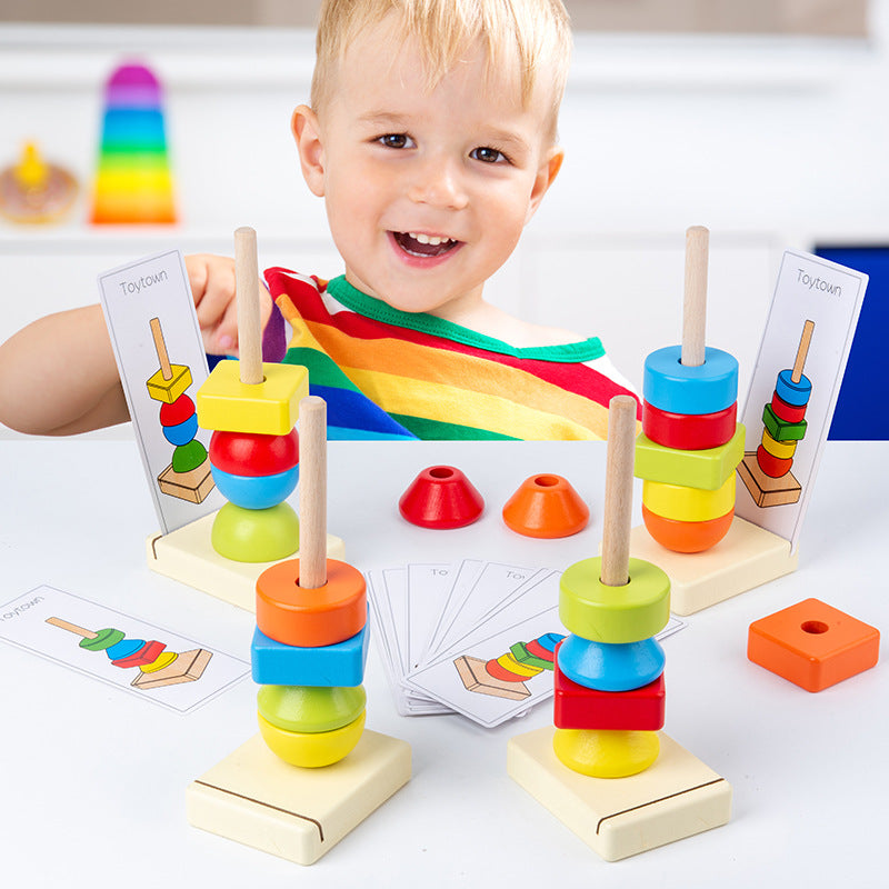 Jumbo Beads Sequencing Four Pillar Shape Stacker With Flash Cards - HAPPY GUMNUT