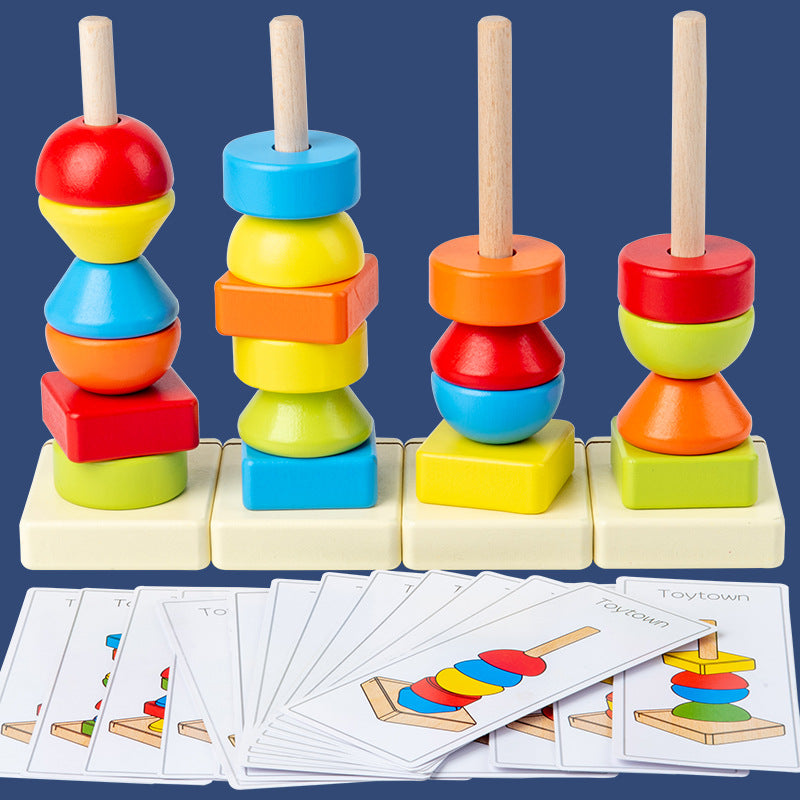 Jumbo Beads Sequencing Four Pillar Shape Stacker With Flash Cards - HAPPY GUMNUT