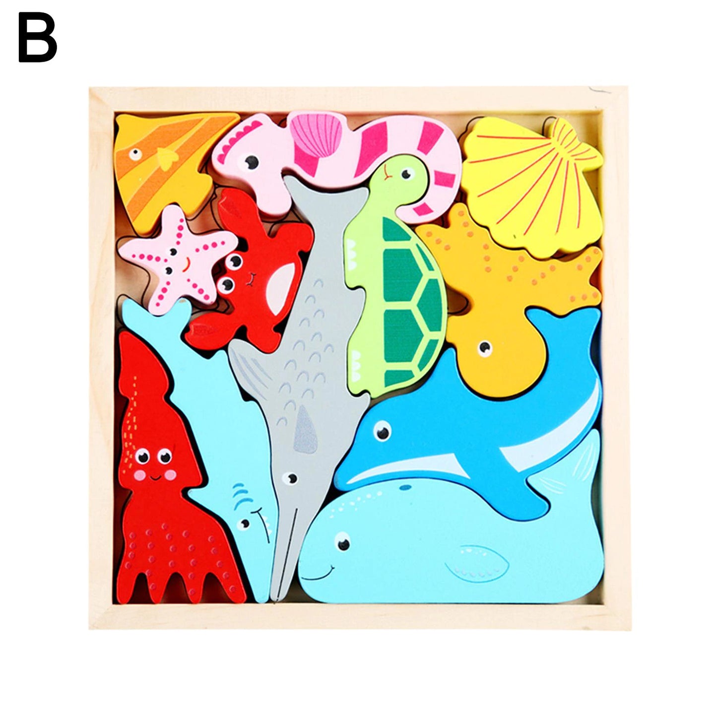 Wooden Marine Animal Puzzle With Tray Animal Block Puzzle - HAPPY GUMNUT
