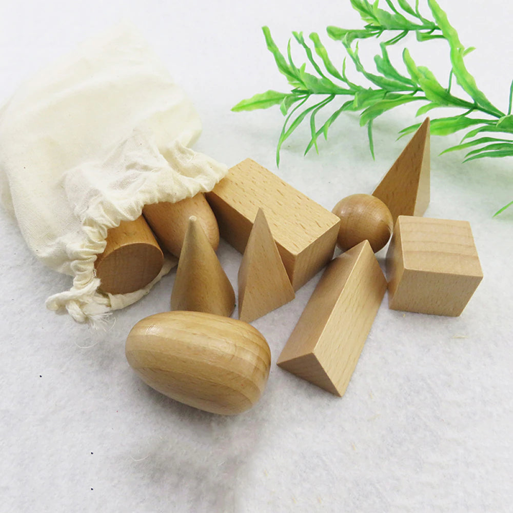 Wooden 3d Geometric BLOCKS teaching Aids For Kids Bundle of 10 BUNDLE NATURAL - HAPPY GUMNUT