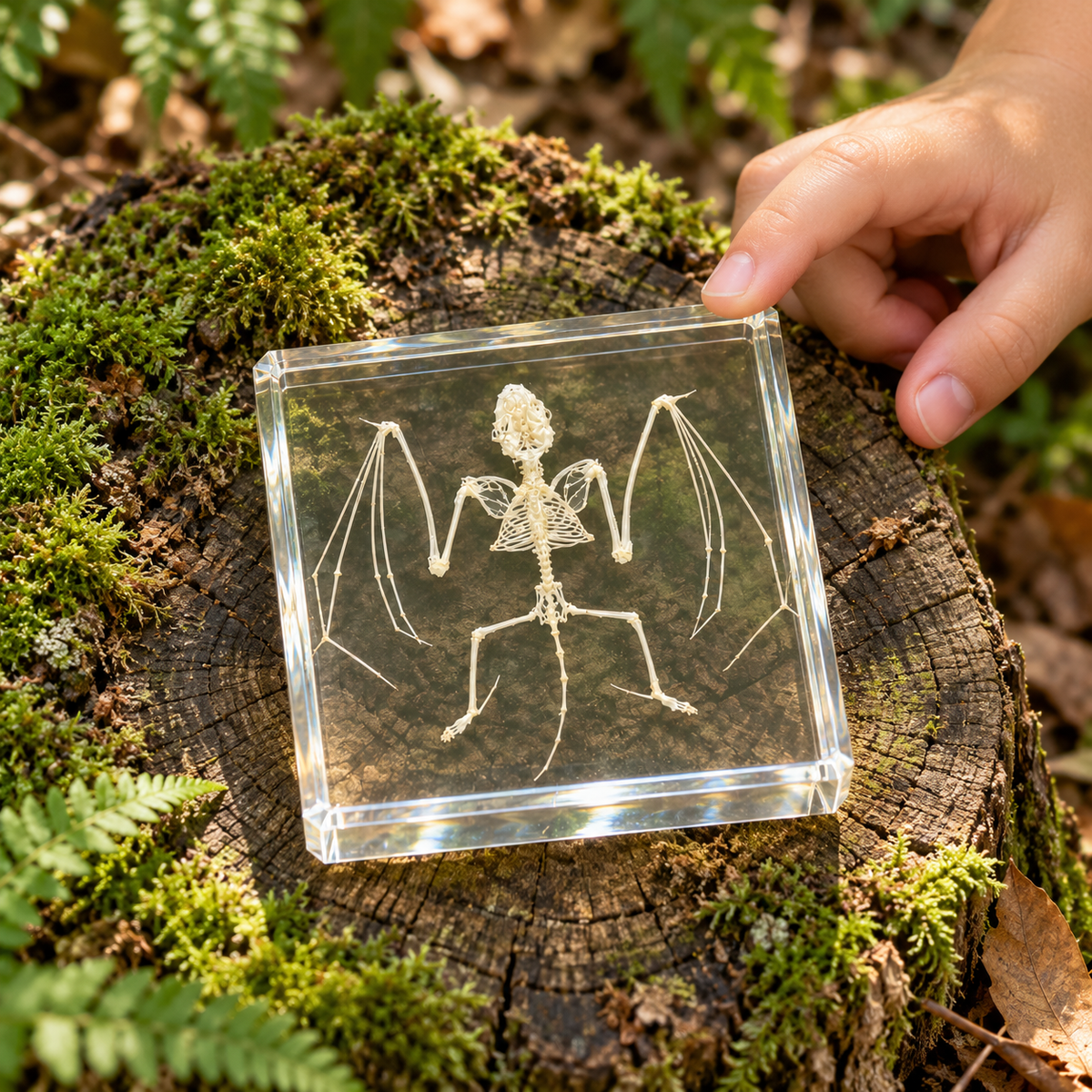 Real Bat Skeleton in Resin Block Bat Animal Bone in Clear Epoxy Kids Educational Science STEM Gift Toy