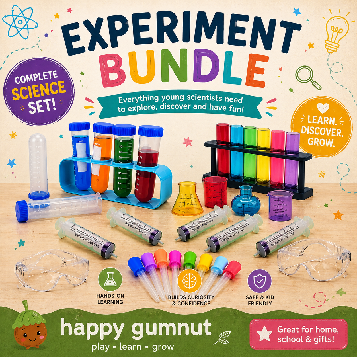 Children Fluro Rainbow Liquid Droppers Test Tubes Droppers syringes Beakers and Protection Goggles Chemistry Bundle Set - HAPPY GUMNUT